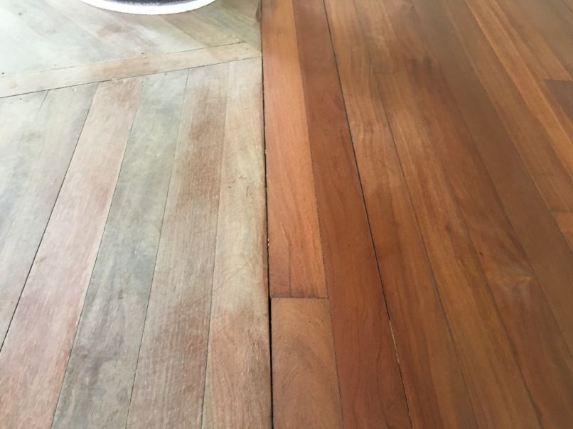 Iron wood deck during sanding process